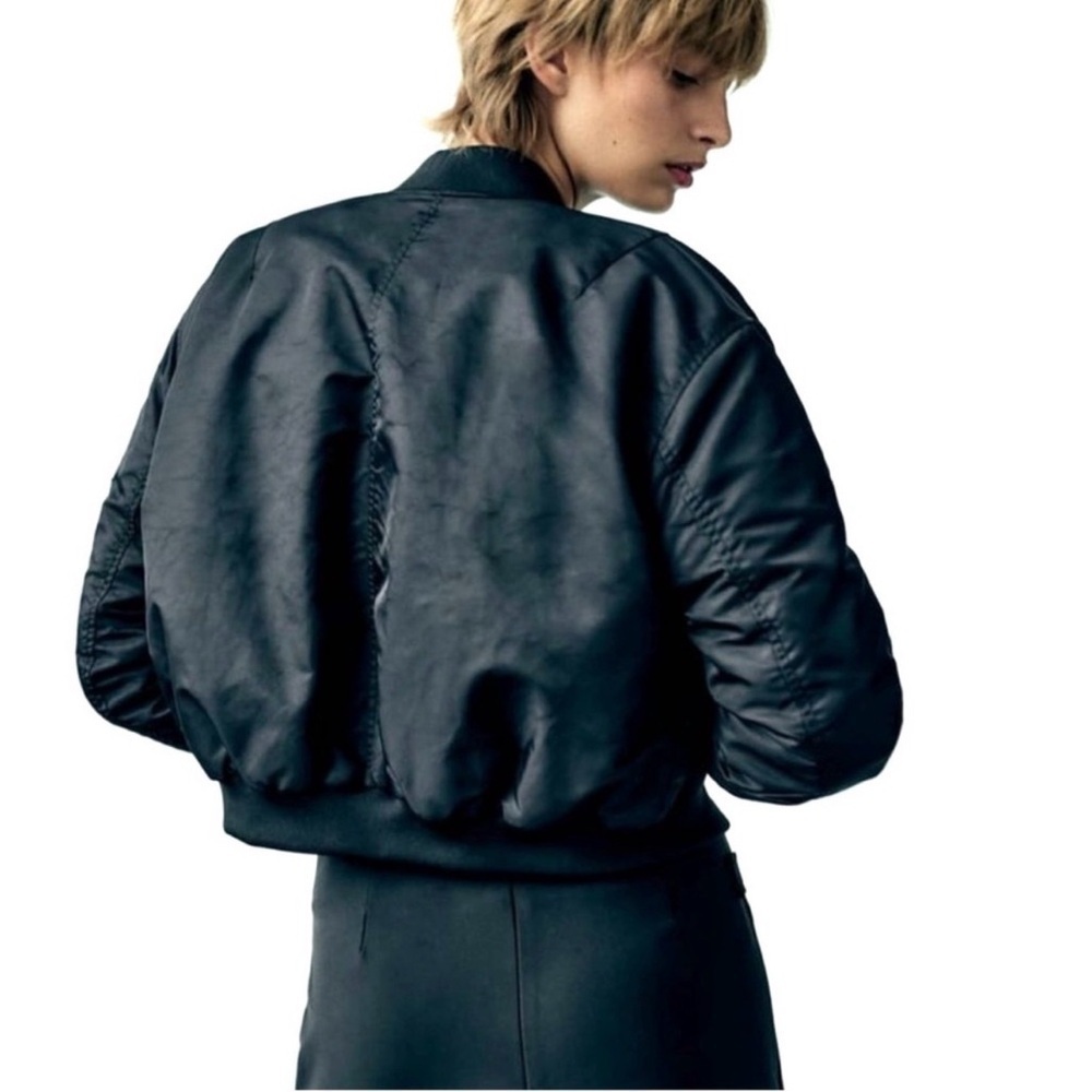 ZARA Cropped Nylon Rocker Oversized Bomber Jacket Black Sz S - Picture 3 of 8